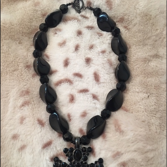 Statement black beaded cross necklace and earrings set. - Picture 3 of 4